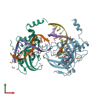 PDB entry 3fde coloured by chain, front view.