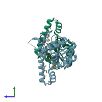 PDB entry 3fdi coloured by chain, side view.