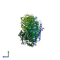 PDB entry 3fdu coloured by chain, side view.