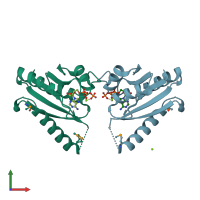 PDB entry 3fdx coloured by chain, front view.