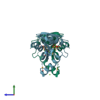 PDB entry 3fdx coloured by chain, side view.