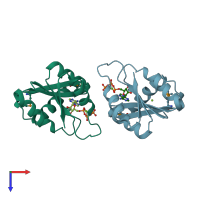 PDB entry 3fdx coloured by chain, top view.
