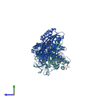 PDB entry 3fe1 coloured by chain, side view.