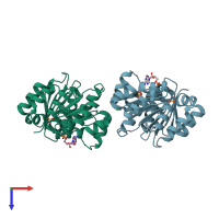PDB entry 3fe2 coloured by chain, top view.