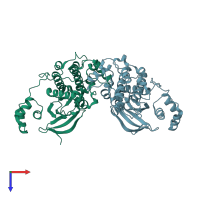 PDB entry 3fe3 coloured by chain, top view.