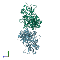 PDB entry 3feo coloured by chain, side view.