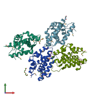 PDB entry 3fes coloured by chain, front view.