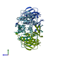 PDB entry 3fet coloured by chain, side view.