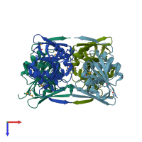 PDB entry 3fet coloured by chain, top view.