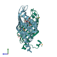 PDB entry 3ff0 coloured by chain, side view.