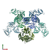 PDB entry 3fg6 coloured by chain, front view.