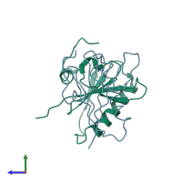 PDB entry 3fg7 coloured by chain, side view.