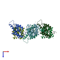 PDB entry 3fg9 coloured by chain, top view.