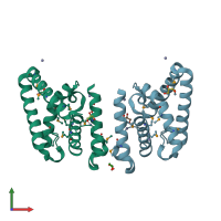 PDB entry 3fgg coloured by chain, front view.