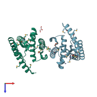 PDB entry 3fgg coloured by chain, top view.