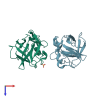 PDB entry 3fgm coloured by chain, top view.