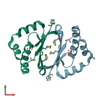 PDB entry 3fgv coloured by chain, front view.