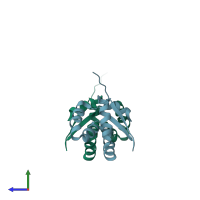 PDB entry 3fgx coloured by chain, side view.