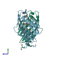 PDB entry 3fgy coloured by chain, side view.