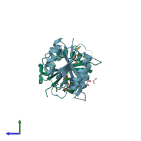 PDB entry 3fh0 coloured by chain, side view.