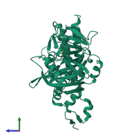 PDB entry 3fhb coloured by chain, side view.