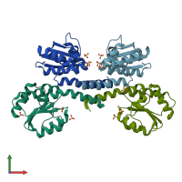 PDB entry 3fhk coloured by chain, front view.