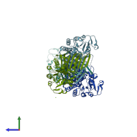 PDB entry 3fhl coloured by chain, side view.