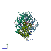 PDB entry 3fhm coloured by chain, side view.