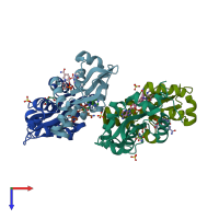 PDB entry 3fhm coloured by chain, top view.
