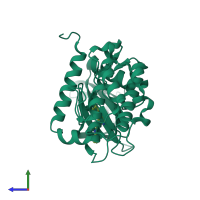 PDB entry 3fhr coloured by chain, side view.