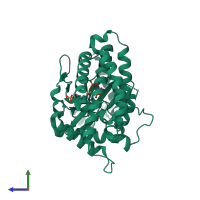 Monomeric assembly 1 of PDB entry 3fi8 coloured by chemically distinct molecules, side view.