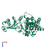 Monomeric assembly 1 of PDB entry 3fi8 coloured by chemically distinct molecules, top view.