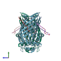 PDB entry 3fid coloured by chain, side view.