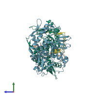 PDB entry 3fie coloured by chain, side view.