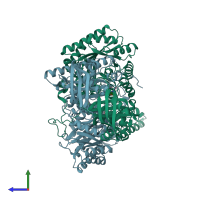 PDB entry 3fig coloured by chain, side view.