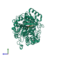 PDB entry 3fim coloured by chain, side view.