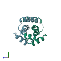 PDB entry 3fis coloured by chain, side view.