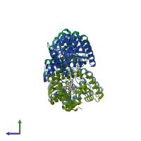 PDB entry 3fiu coloured by chain, side view.