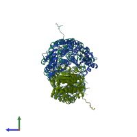 PDB entry 3fj1 coloured by chain, side view.