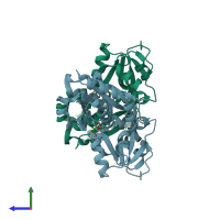 PDB entry 3fj7 coloured by chain, side view.