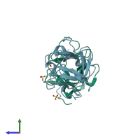 PDB entry 3fj8 coloured by chain, side view.