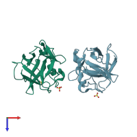 PDB entry 3fj8 coloured by chain, top view.