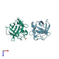 PDB entry 3fjd coloured by chain, top view.