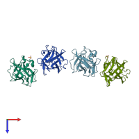 PDB entry 3fji coloured by chain, top view.