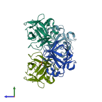PDB entry 3fjk coloured by chain, side view.