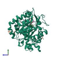 PDB entry 3fjl coloured by chain, side view.