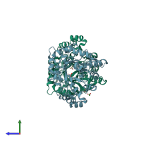 PDB entry 3fjn coloured by chain, side view.