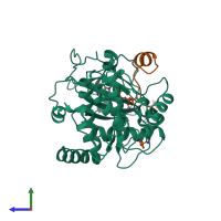 Hetero dimeric assembly 1 of PDB entry 3fjq coloured by chemically distinct molecules, side view.