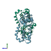 PDB entry 3fjv coloured by chain, side view.