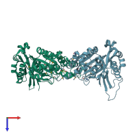PDB entry 3fjy coloured by chain, top view.